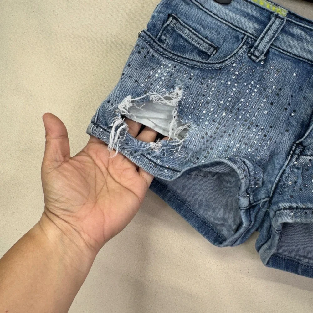 Machine Jeans Denim‎ Shorts Size 26 Blue Rhinestone Distressed Y2K McBling